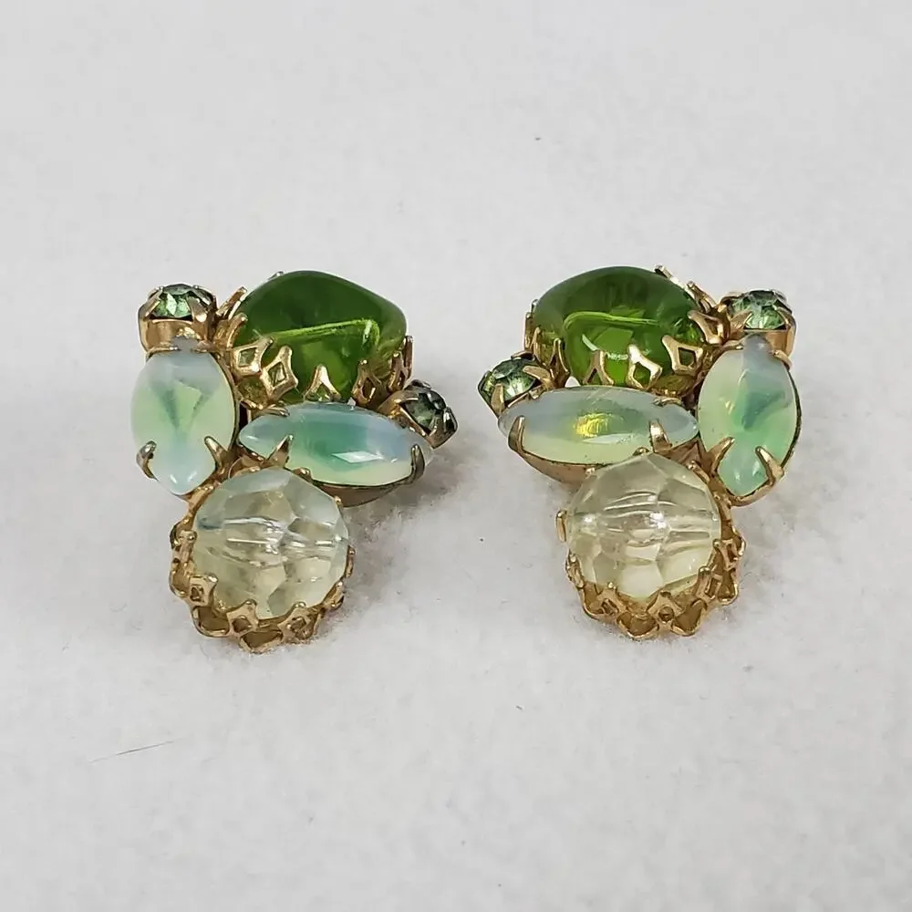 Vintage MCM Green Rhinestone Gold Tone Brooch and Earrings Set